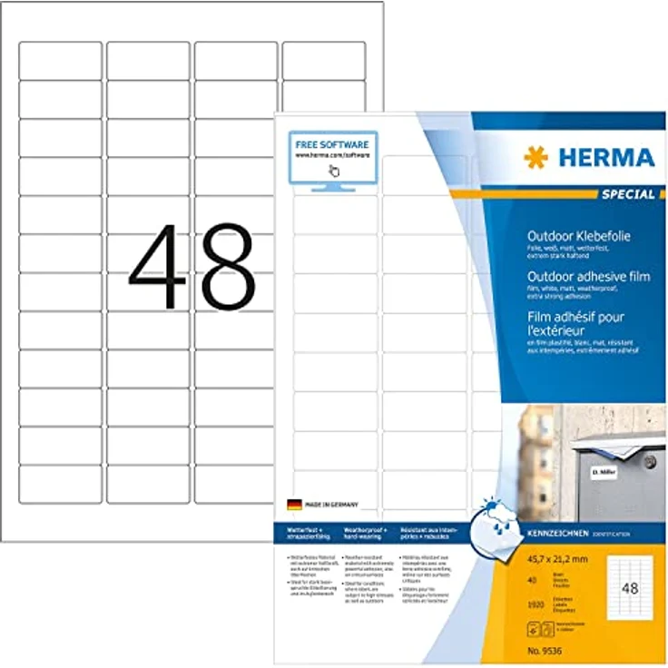 HERMA Folien-Kraftklebe-Etiketten 9536, 1.920 Stück, blanko, weiß, 45,7 x 21,2 mm, selbstklebend, öl- und schmutzabweisend, UV-beständig – Bild 1