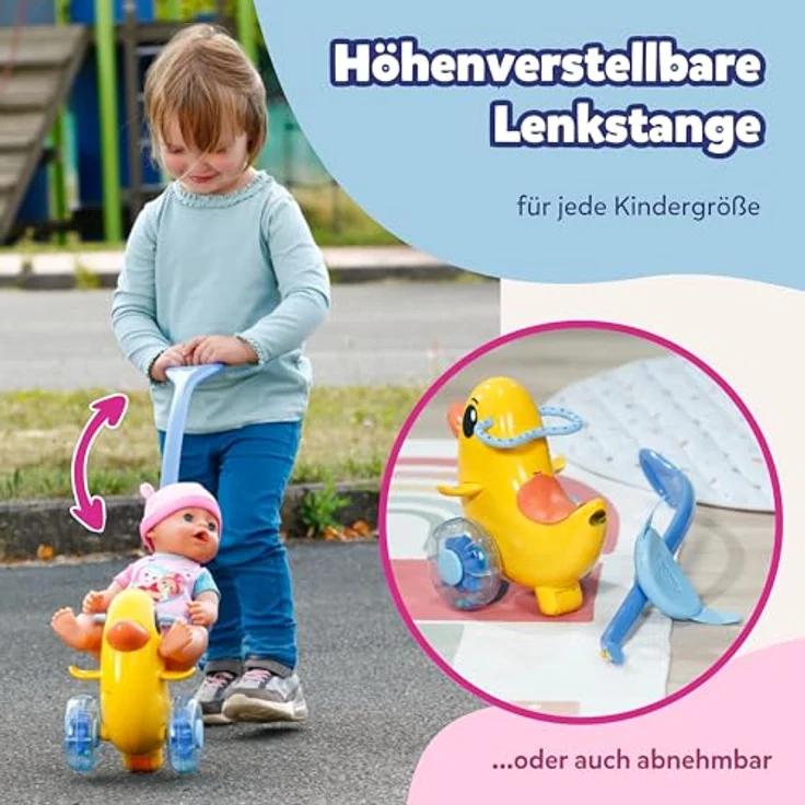 BABY born Schiebe-Berta, Puppenzubehör mit Lenkstange und Rassel-Rädern, für 36 cm & 43 cm Puppen, Gelb, geeignet für Kinder ab 3 Jahren – Bild 4