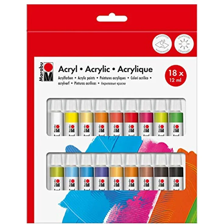 Marabu Acrylfarbenset 18 Farben á 12 ml, deckende, matt-glänzende Acrylfarben auf Wasserbasis, für Keilrahmen, Malkarton, Papier und Holz, schnell trocknend – Bild 2
