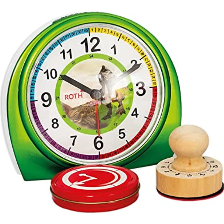 ROTH Lernuhr mit Stempelset Tyrannosaurus, Geschenkset aus Kinder-Wecker und Stempel mit Farbkissen (Dino)