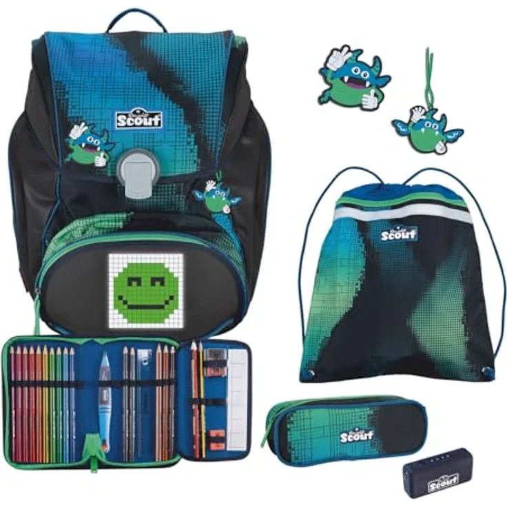 Der echte Scout Alpha Set Movie Star Blue Pixel Set 5-teilig, ca. 20 l Volumen, ca. 1.350 g Gewicht (ohne abnehmbare Elemente) - Schulranzen-Set mit pixeliger Kunst und Sicherheitsfeatures – Bild 1