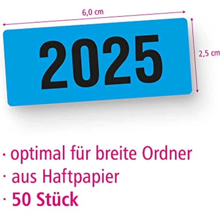 itenga 50x Jahresetiketten Ordner Inhaltsschild Jahreszahl I Aufkleber für Akten selbstklebend aus Haftpapier Rechteckig 6x2,5cm (Kalenderjahr 2025, blau) – Bild 2