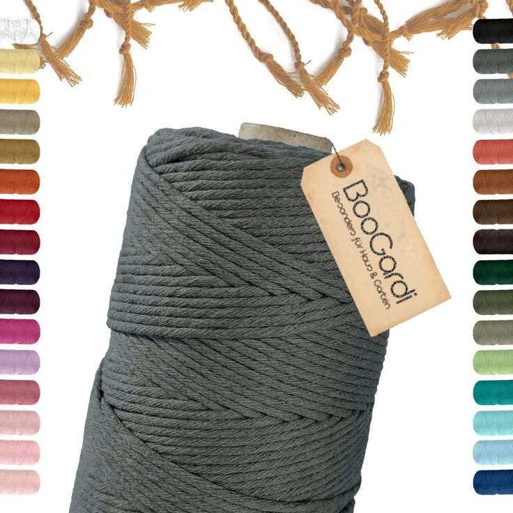 BooGardi Makramee Garn Bastelgarn, (3mm x 200m 100% Baumwolle), Dunkelgrau Reißfestes Macramee Kordel Band – Bild 1