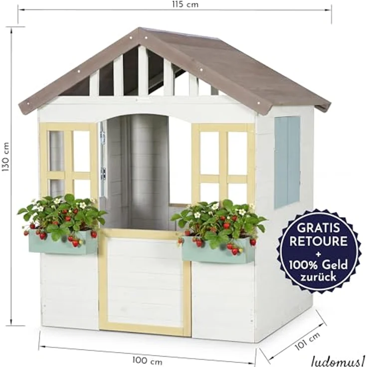 WONDERMAKE® Design Kinder Spielhaus Holz mit magnetischer Tür und 2 Pflanzkästen, wetterfest, 115x101x130 cm, weiß grau bunt – Bild 5
