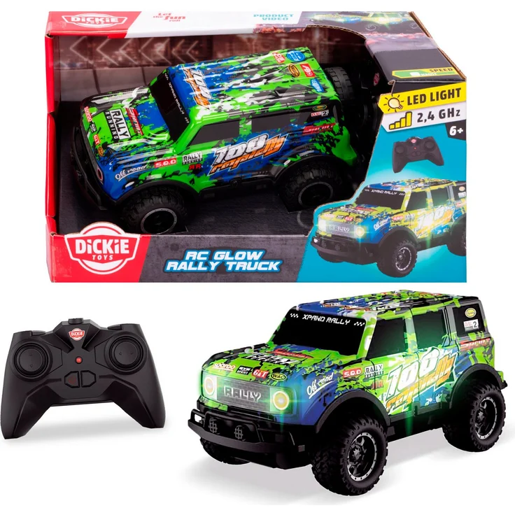 Dickie Toys RC Glow Rally Truck, ferngesteuertes Auto mit Licht, Gummireifen, 17 cm, 8 km/h, 2,4 GHz Fernbedienung für Kinder ab 3 Jahren