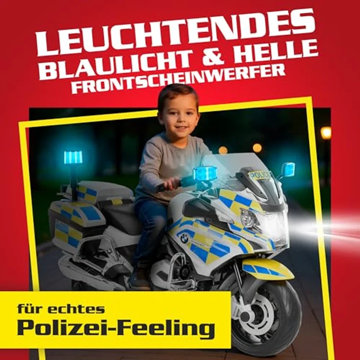 HECHT Kinder Motorrad | BMW R1200RT Polizei | bis 6km/h | 35W | mit Stützräder | Koffer | Radio | Blaulicht | Sirene | 12V Akku, 7 Ah – Bild 7