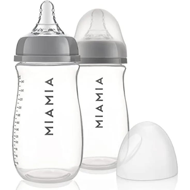 MiaMia 2x Babyflasche 260ml mit Anti Kolik Sauger Größe S - 2 große PP Flaschen mit Silikonsaugern - Transparent Grau