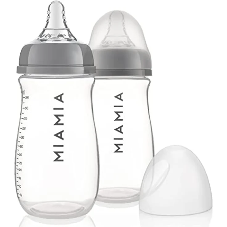 MiaMia 2x Babyflasche 260ml mit Anti Kolik Sauger Größe S - 2 große PP Flaschen mit Silikonsaugern - Transparent Grau – Bild 1