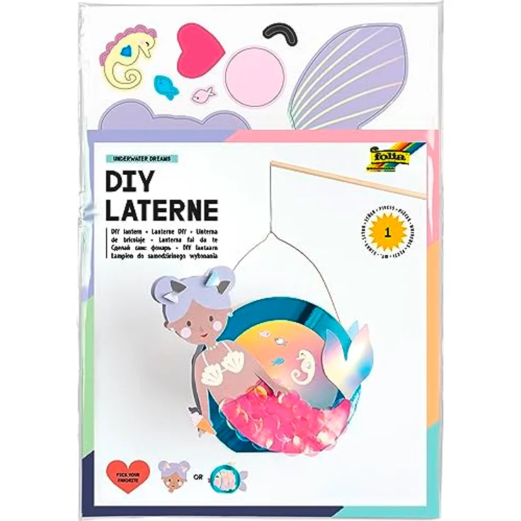 folia 94201 - Laternen Bastelset UNDERWATER DREAMS, ca. 10 x 23 x 33 cm - Bastelmaterial für eine Laterne, gestaltbar als Meerjungfrau oder Kugelfisch, Mittel