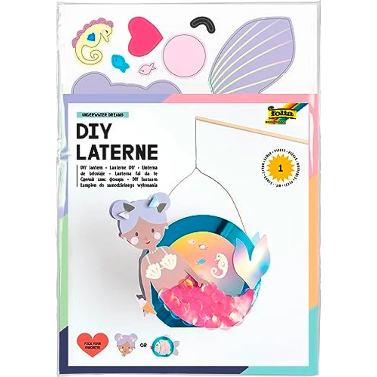 folia 94201 - Laternen Bastelset UNDERWATER DREAMS, ca. 10 x 23 x 33 cm - Bastelmaterial für eine Laterne, gestaltbar als Meerjungfrau oder Kugelfisch, Mittel – Bild 1