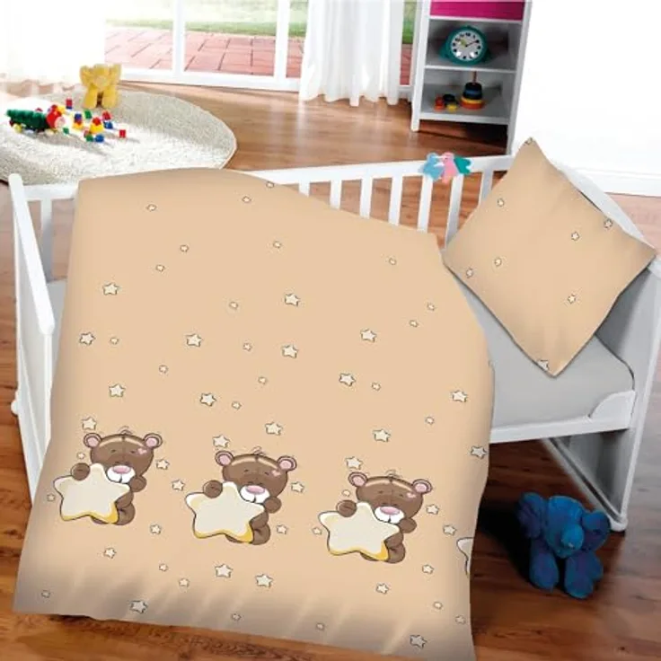 Bestlivings Kinder Bettwäsche 2-TLG (100x135cm / 40x60cm) Bettdecken Set, 100% Baumwolle - Babybettwäsche mit Motiv Bär mit Stern, Hautfreundliche Premium-Qualität, Atmungsaktiv und Pflegeleicht, Bär mit Stern Motiv, Blau