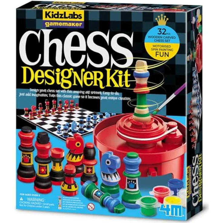 4M KidzLabs Schachspiel, Kreatives Set zur individuellen Gestaltung mit rotierender Lackiermaschine und Farben