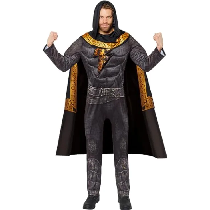 Amscan Black Adam Erwachsenenkostüm, wattierter Overall mit Kapuzen-Umhang, Größe L