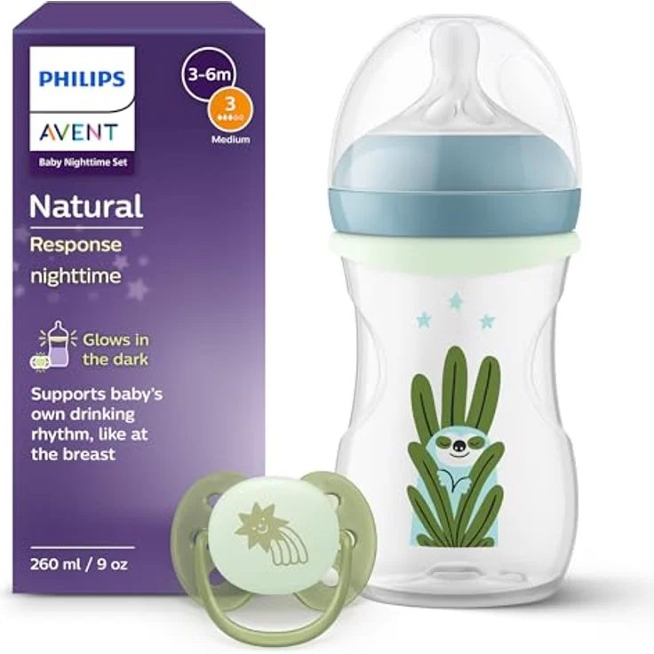Philips Avent Natural Response Set für die Nacht, 260 ml Babyflasche mit mittlerer Durchflussrate (Mittel 3), leuchtender Ring für Dunkelheit, ultra soft Schnuller mit Motiv müdes Faultier, SCD838/17 – Bild 1