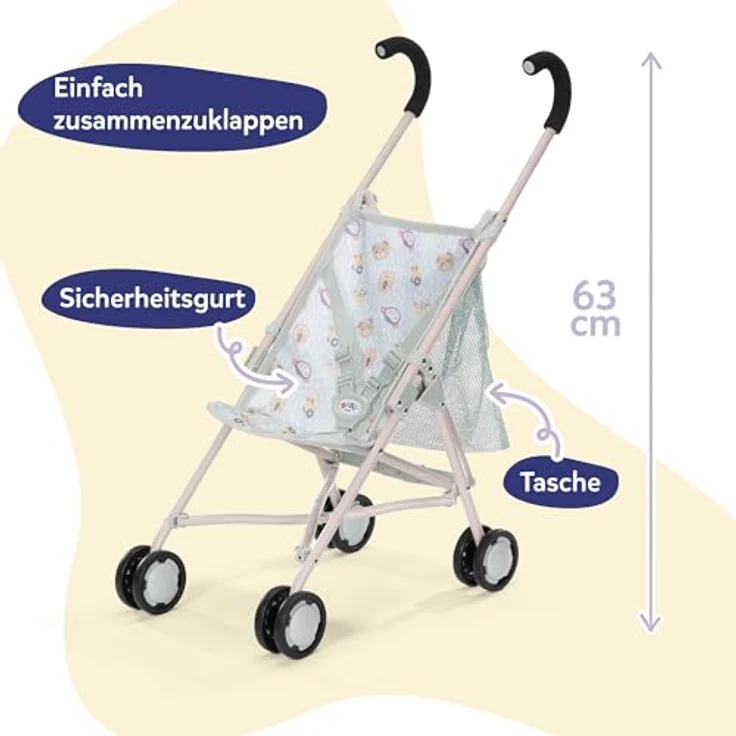 BABY Born Puppenwagen Dschungel-Design, faltbar mit 3-Punkt-Gurt, für Puppen bis 43 cm, mit Tasche – Bild 3