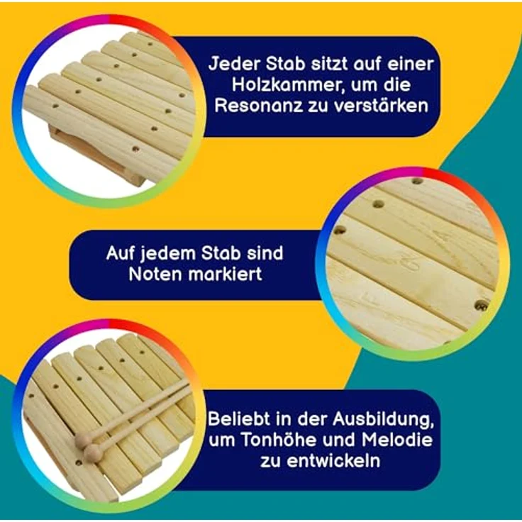 A-Star Holz-Xylophon, diatonisch mit 8 Tönen, Sopran C6 bis C7, inkl. zwei Holzschlägeln, langlebig und tragbar – Bild 2
