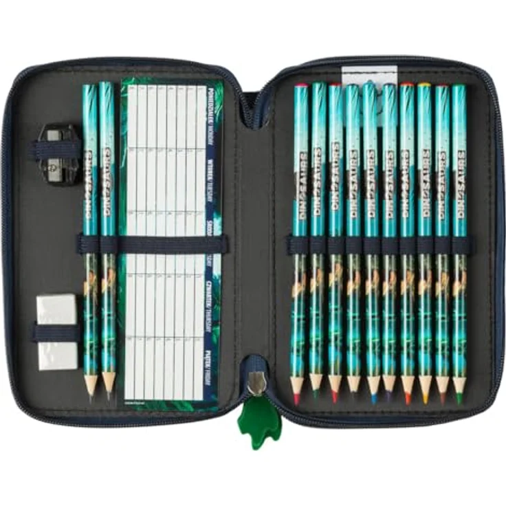 Derform Dino Federtasche Giganotosaurus, gefülltes 2-Fach Federmäppchen mit 10 Buntstiften, 8 Filzstiften, Radiergummi, Spitzer, Lineal und Bleistiften – Bild 3