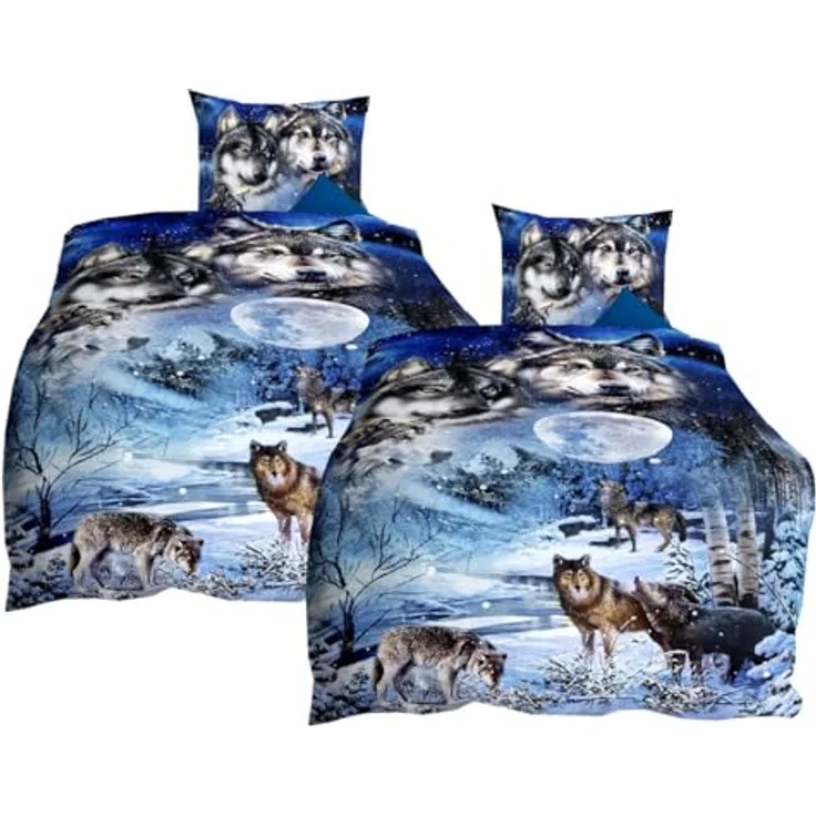 JACK Mako Satin 4tlg. Digitaldruck Bettwäsche Wolf Nights Saphir Blau Anthrazit Grau - 100% Baumwolle, hygienisch, Öko-Tex Standard 100 Siegel