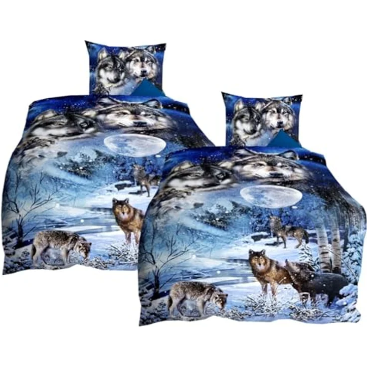 JACK Mako Satin 4tlg. Digitaldruck Bettwäsche Wolf Nights Saphir Blau Anthrazit Grau - 100% Baumwolle, hygienisch, Öko-Tex Standard 100 Siegel – Bild 1