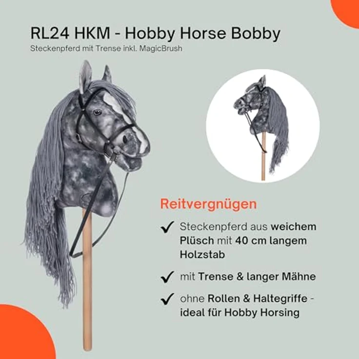 RL24 Hobby Horse Clara, Steckenpferd aus Plüsch mit Trense, 40 cm Holzstock, ohne Griffe & Rollen, grau, inkl. MagicBrush – Bild 4