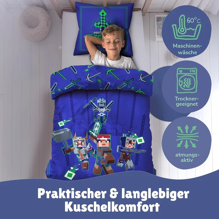 Minecraft Bettwäsche Set für Jungen Kinderbettwäsche 135x200 80x80 cm Motiv Ores mit Steve und Creeper – Bild 2