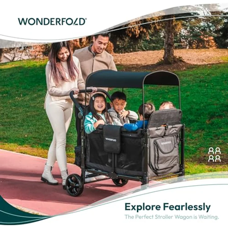 WONDERFOLD W4 Elite Quad Stroller Wagon, Volcanic Black - 4 Face-to-Face Seats, 5-Point Harnesses, Adjustable Push Handle, Removable UV-Protection Canopy – Bild 2