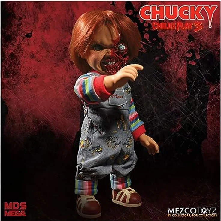 Mezco Child's Play 3: Chucky Talking Doll Pizza Face Version, 38 cm große Sammelfigur mit 7 gruseligen Sprüchen und authentischem Outfit – Bild 4