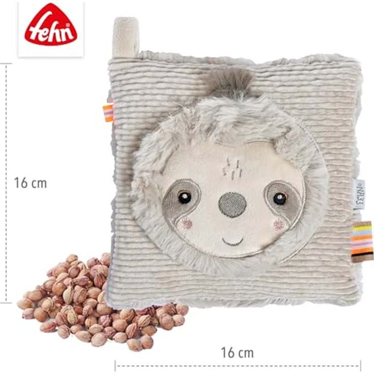 Fehn Kirschkernkissen Faultier, Kuschelkissen mit entnehmbarem Wärme-/Kältesäckchen für Babys und Kleinkinder, 16 x 16 cm, waschbar bei 30°C – Bild 5