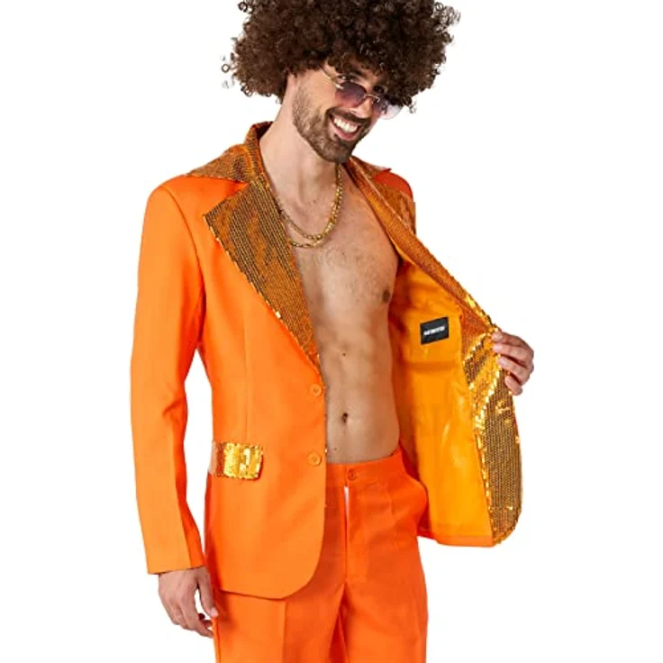 Suitmeister Disco Dude (XL), orangefarbener Disco-Anzug mit Pailletten und Schlaghosen für 70er-Jahre-Partys – Bild 6