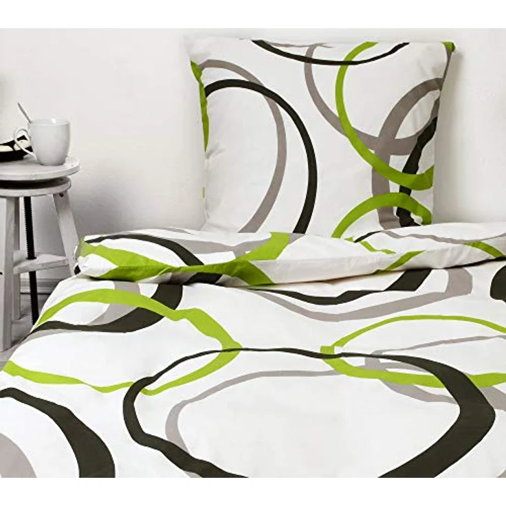 Beautissu Renforcé Bettwäsche 135x200 cm 2er Set Nina - Kinderbettwäschen, 100% Baumwoll Bettwäsche mit Reißverschluss, Ganzjahresbettwäsche, graue und grüne Kreise – Bild 5