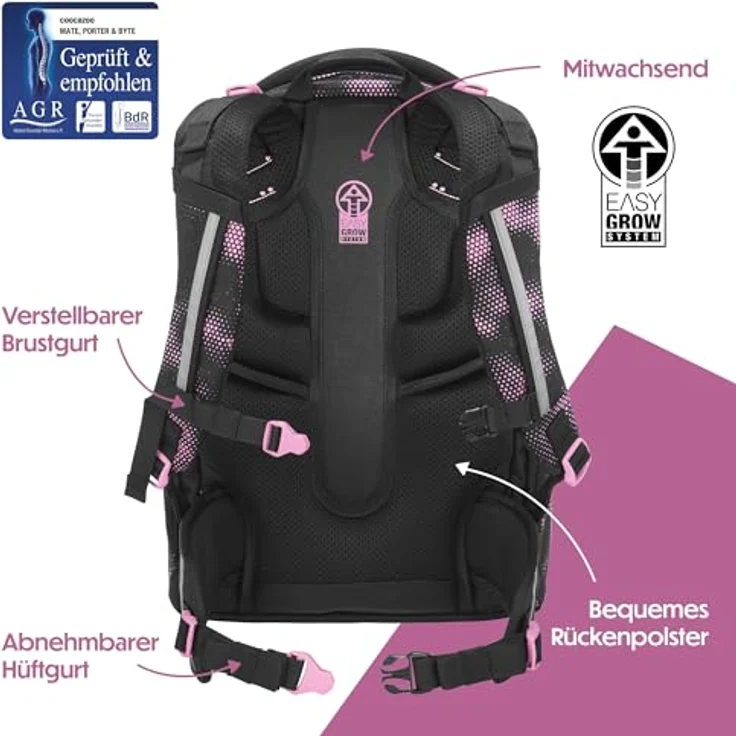 Coocazoo Mate Schulrucksack „Pink Illusion”, ergonomischer Tornister, schwarz-pink, höhenverstellbar, mit Brust- und Hüftgurt, 30 Liter, ab der 3. Klasse – Bild 4