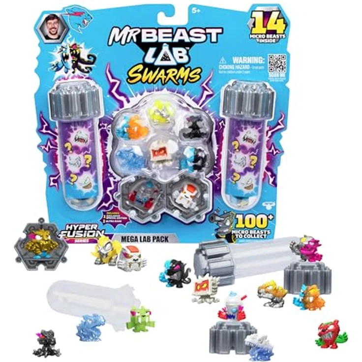 MRBEAST LAB MrBeast Lab Swarms Series 3, Hyper Fusion Series, 14 Pack Sammelfiguren, inklusive 1 Sonderedition und 1 ultraseltenem Monster, 14 Sticker und 4 Fusions-Kappen - Steel Slushee – Bild 1