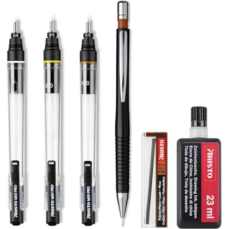 Aristo Tuschefüller-Set mg1 College, 3 Stifte (0,25/0,35/0,50 mm) + Feinminenstift 0,5 mm, Transparent/Schwarz, inkl. 12 Ersatzminen und 23 ml Nachfülltusche – Bild 3
