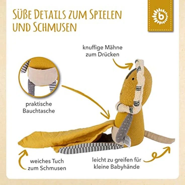 Bieco Kuscheltier Löwe mit Schmusetuch | 30 cm | Löwe Kuscheltier Gehäkelt | Baby Stofftier Löwe zum Kuscheln | Löwen Kuscheltier Baby | Gehäkeltes Kuscheltier für Babys | Baby Kuscheltiere – Bild 3