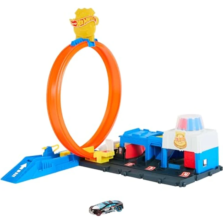 Hot Wheels City Super Polizeistation, anpassbare Rennbahn mit Looping und Die-Cast-Spielzeug-Polizeiwagen, bis zu 4 Fahrzeuge parkbar – Bild 1