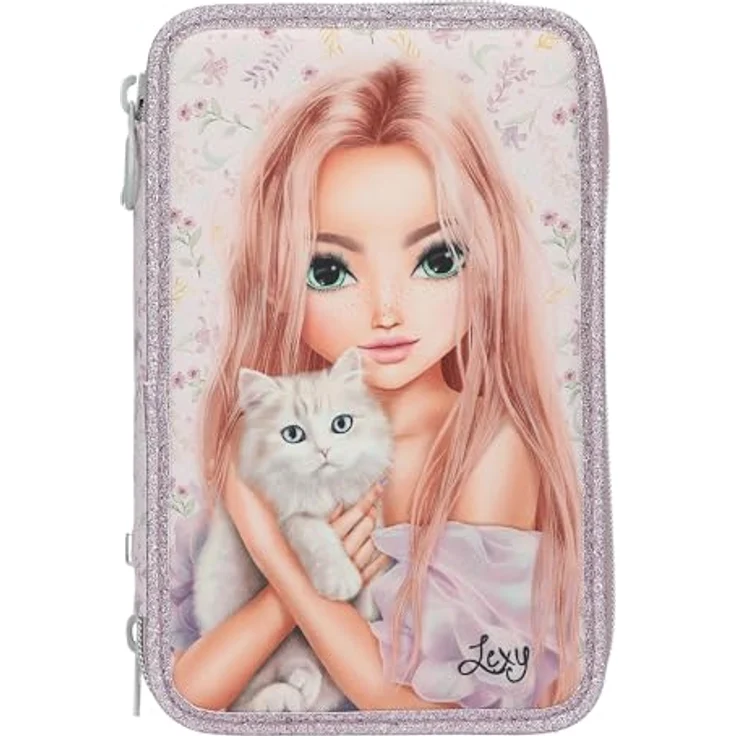 Depesche 13958 TOPModel Blooming Kitty, gefüllte 3-Fach Federtasche in Rosa mit 18 Buntstiften, Schere, Lineal und Katzenmotiv – Bild 1