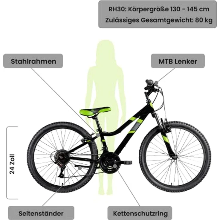 Galano GA20 Mountainbike 24 Zoll Jugendfahrrad ab 8 Jahre, 21 Gänge, schwarz/grün – Bild 2