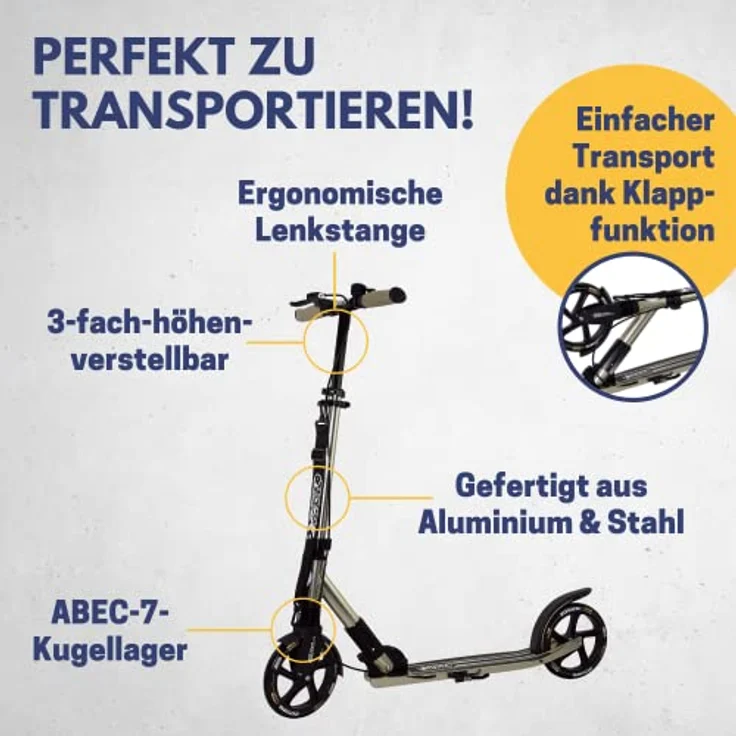 Best Sporting Cityroller, City-Scooter schwarz-gold mit 205 mm High-Rebound-Rollen, klappbar, bis 100 kg Tragkraft, 3-fach höhenverstellbarer Lenker – Bild 3