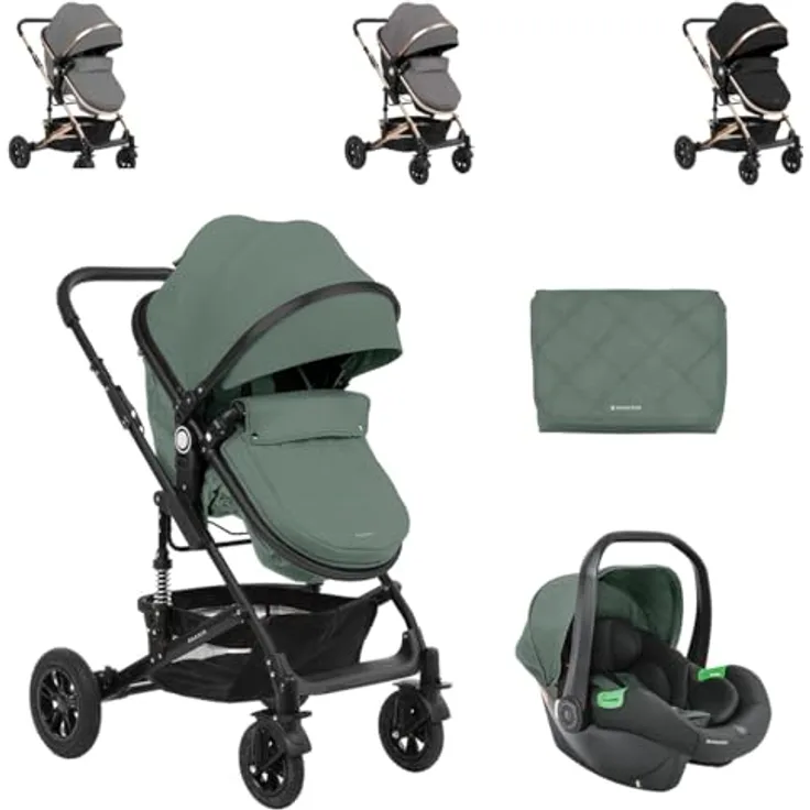 Kikkaboo Kinderwagen 3 in 1 Amaia, Kombikinderwagen mit i-Size Autositz, umbaubarer Sitzeinheit und Federung, grau