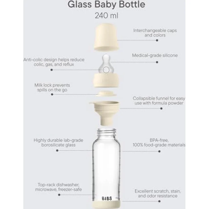 BIBS Baby Glass Bottle 240 ml, BPA-freie Glasflasche aus Borosilikatglas, Farbe Ivory – Bild 3