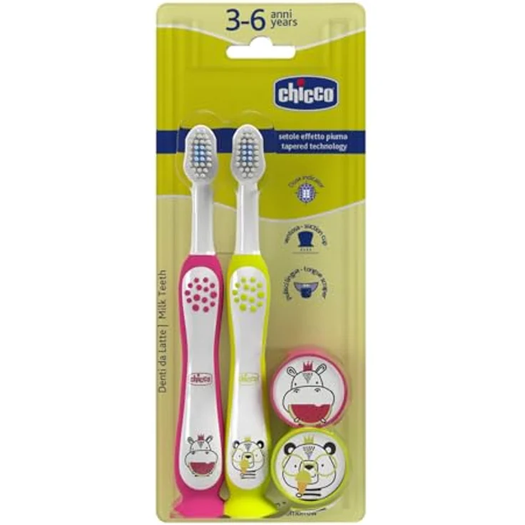Chicco Zahnbürsten-Set für Kinder, 2 Stück in Rosa und Gelb, mit Saugnapf, abgerundetem Kopf, weichen Borsten und rutschfestem Griff, geeignet für 3-6 Jahre – Bild 1