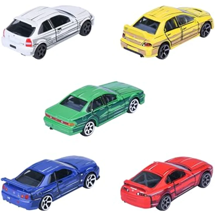 Majorette JDM Legends Giftpack, Set mit 5 Autos (Honda Civic TYPE R EK9, Nissan Cefiro A31, Nissan Skyline GT-R R34, Toyota Supra JZA80, Mitsubishi Lancer Evolution 9), Metall, Maßstab 1:64, 7,5 cm, Freilauf, dekorierte Box, offiziell lizenziert, für Kinder ab 3 Jahren – Bild 4