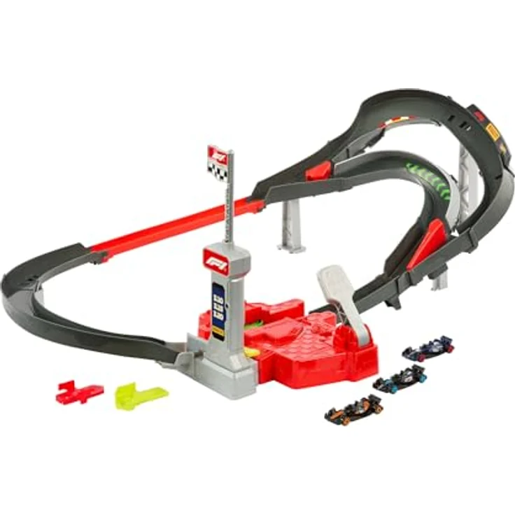 Hot Wheels Racing Starter Trackset, Formel 1 Rennstrecke mit 3 Die-Cast-Autos im Maßstab 1:64, Turbostarter und unendlicher Modus – Bild 1