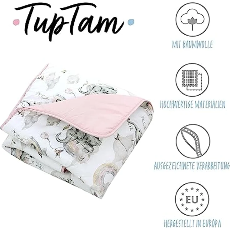 TupTam Krabbeldecke 120x120 cm - Gepolsterte Spieldecke aus 100% Baumwolle, OEKO-TEX, Weich & Hautfreundlich, Elefanten Regenbogen Grau Puderrosa – Bild 2