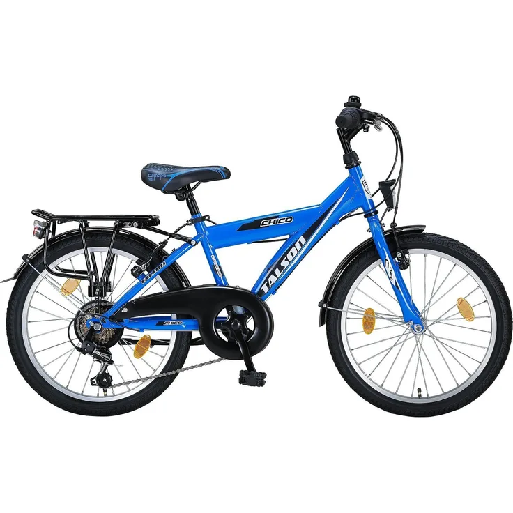 Talson Kinderfahrrad 20 Zoll Cityrad, 6 Gang Shimano, Kettenschaltung, mit Beleuchtung nach StVZO und Gepäckträger Blau