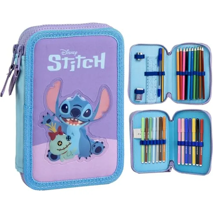 Lilo & Stitch Federmäppchen gefüllt – 24-tlg. Schuletui mit Buntstiften, Filzstiften, Bleistiften und Zubehör für Kinder, farbenfrohes Design