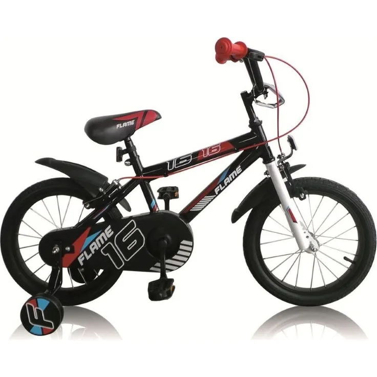 T&Y Trade Kinderfahrrad 16 Zoll Kinder Jungen Fahrrad Flame, 1 Gang, Stützräder, Schwarz