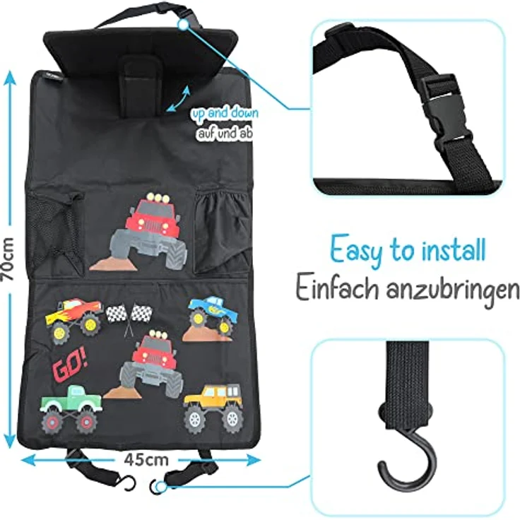 HECKBO 2x Kinder Autositz Rückenlehnschutz Organizer Monster Truck - Verstellbare Tablet Tasche, 70x45cm, Mit Getränkehalter und Aufbewahrungsnetz – Bild 4