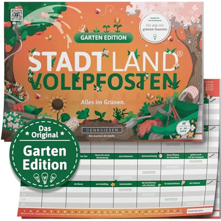 DENKRIESEN Stadt Land Vollpfosten® A4 – Garten Edition | Familienspiel mit Spezialfeldern und ABC-Leiste | Hochwertiges Markenspiel in coolem Design | Ab 9 Jahren