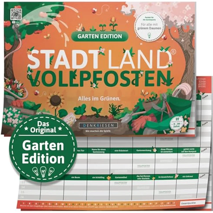 DENKRIESEN Stadt Land Vollpfosten® A4 – Garten Edition | Familienspiel mit Spezialfeldern und ABC-Leiste | Hochwertiges Markenspiel in coolem Design | Ab 9 Jahren – Bild 1